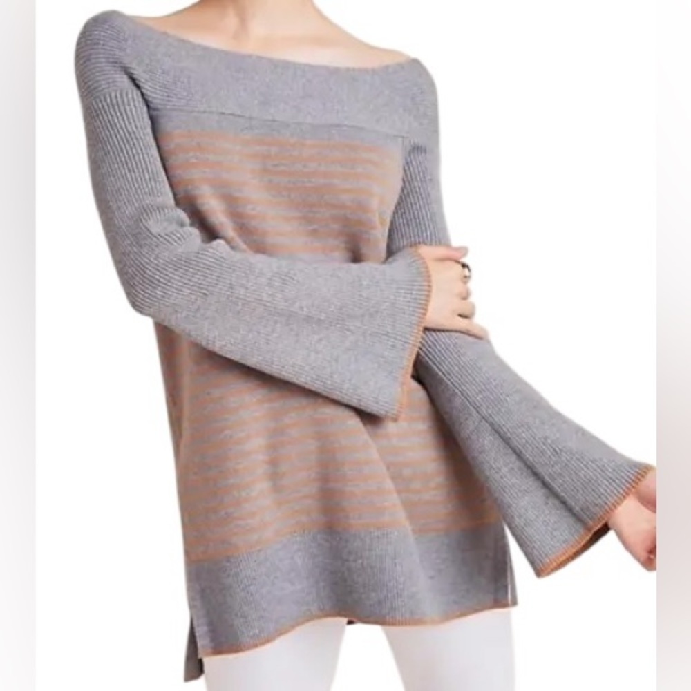 Anthropologie Gray Orange Striped Elise Ribbed Tunic Top off shoulder Sweater S